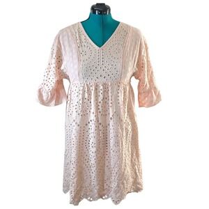 Roolee‎ Eyelet Dress Small Peach Pink V Neck Bell Sleeve Boho Casual Summer
